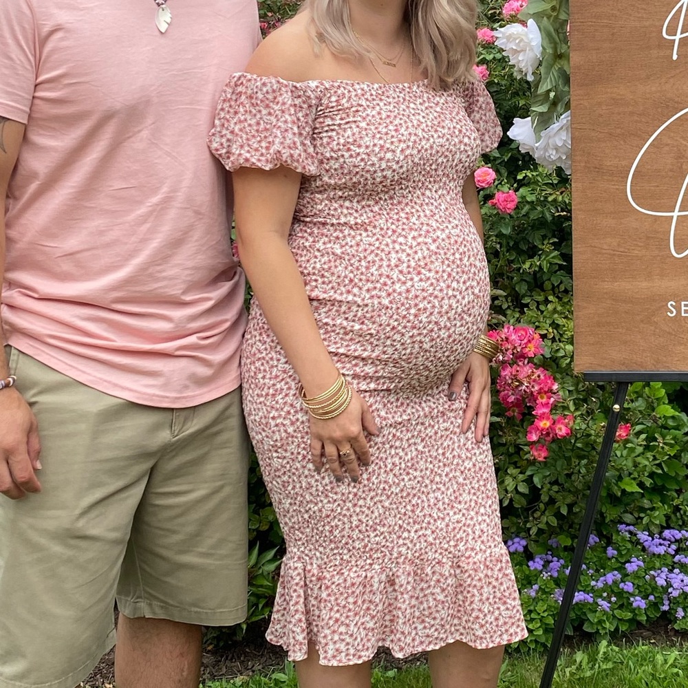 PETAL & PUP CLAIRE SHIRRED BODYCON OFF SHOULDER MIDI DRESS - PINK FLORAL, Size 6